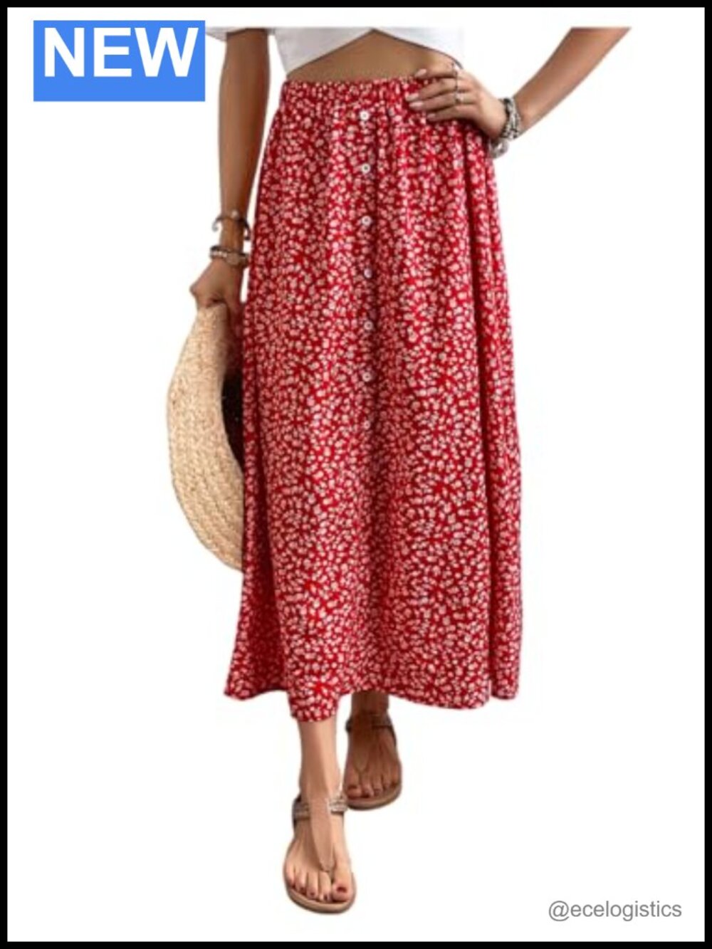 Boho Floral Elastic Waist A-Line Maxi Skirt Flowy Summer